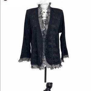 Exclusively Misook Black Ruffle Trim Cardigan Size M Meshed S1